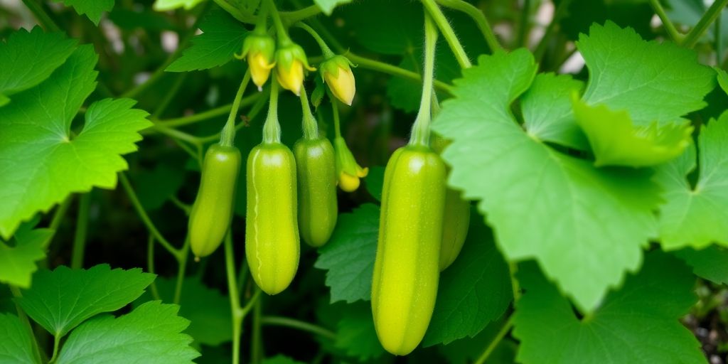Frische grüne Gurkenpflanze mit Blüten und kleinen Früchten