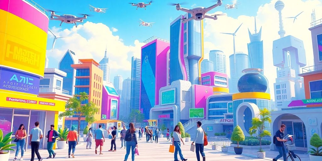 Futuristic city with people and AI technology interacting.