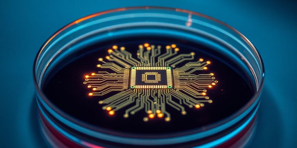 Microchip in a petri dish with glowing circuits.