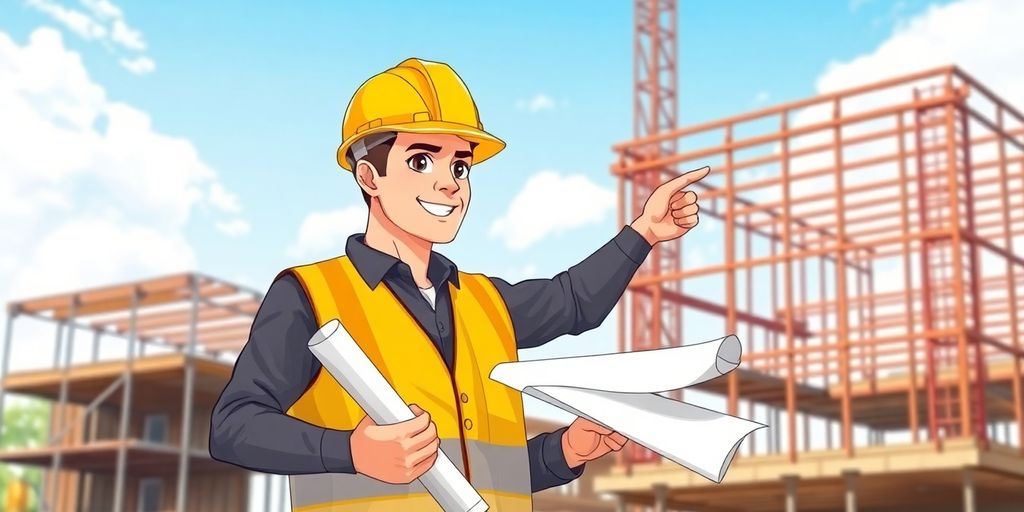A construction worker in a hard hat holding blueprints.