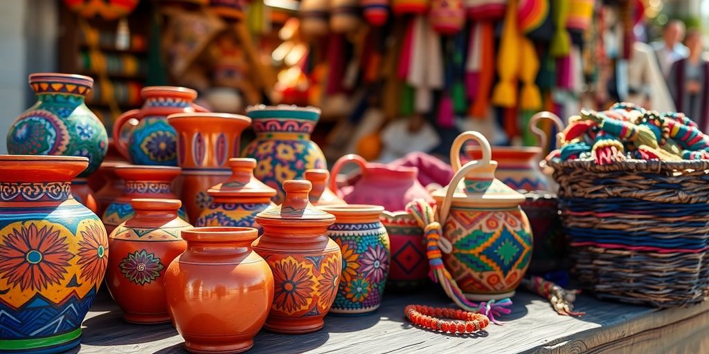 Colorful Mexican pottery and woven baskets on display.
