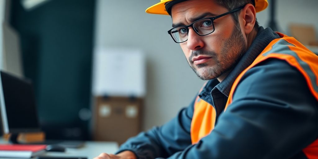 Worker in safety gear looking thoughtful at desk.