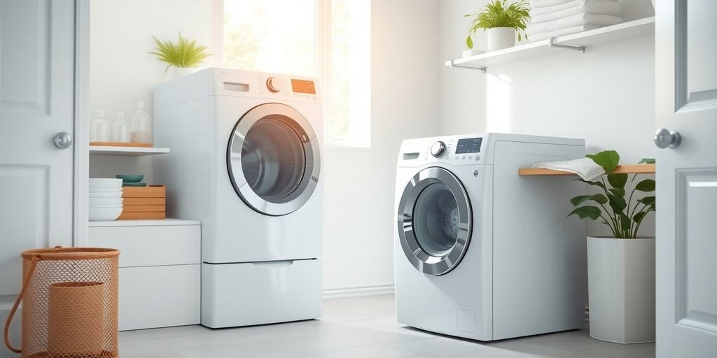 Moderne Waschmaschine in einem hellen Waschraum.