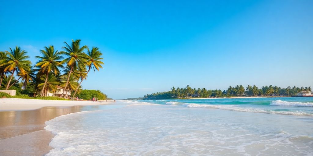 Relaxed Miami beach with palm trees and calm ocean.