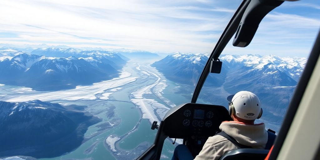 A pilot flies a helicopter over a vast Alaskan glacier.