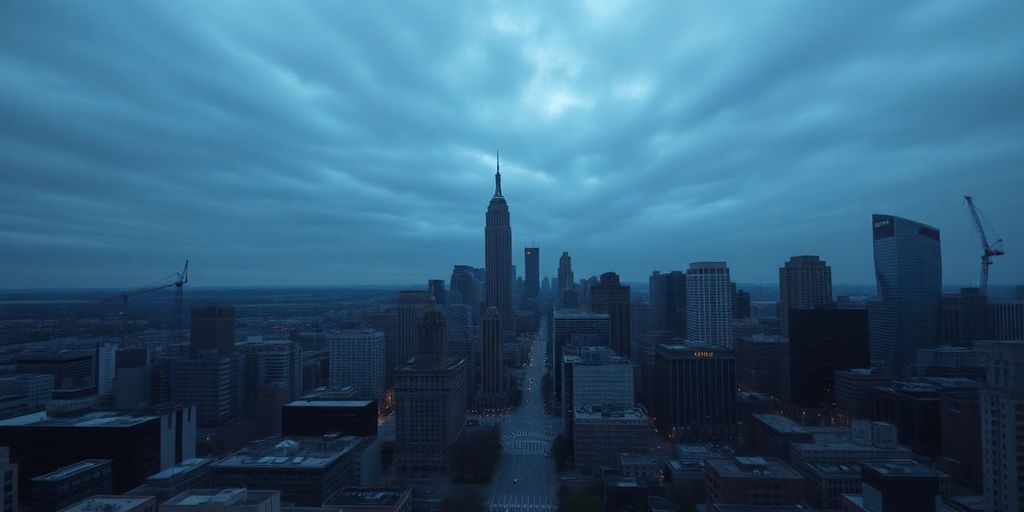 Dark city skyline at night with police lights.