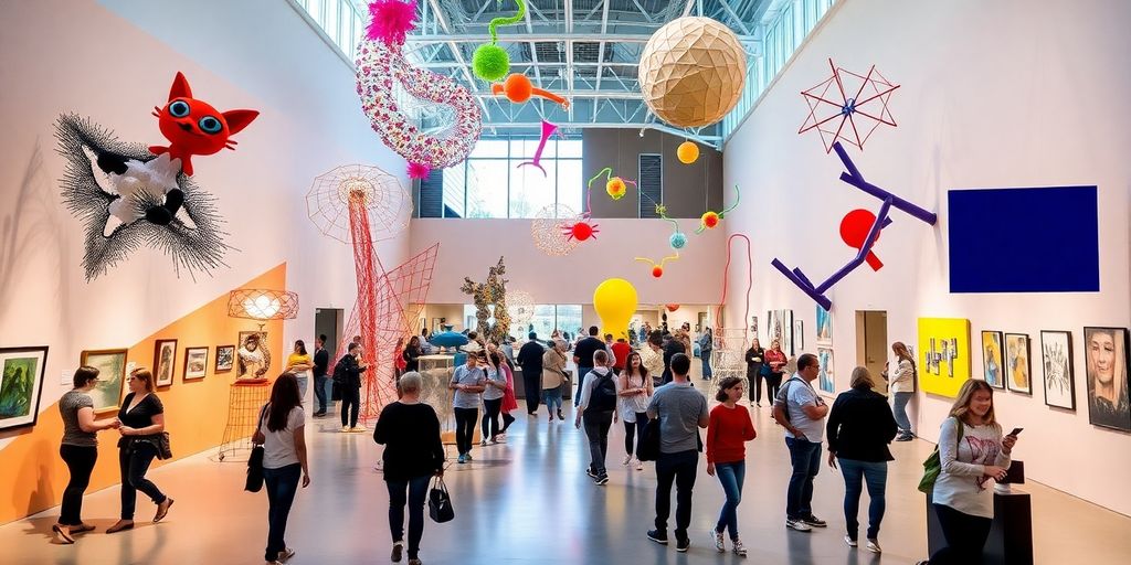 Interior of Bemis Center with colorful art installations.
