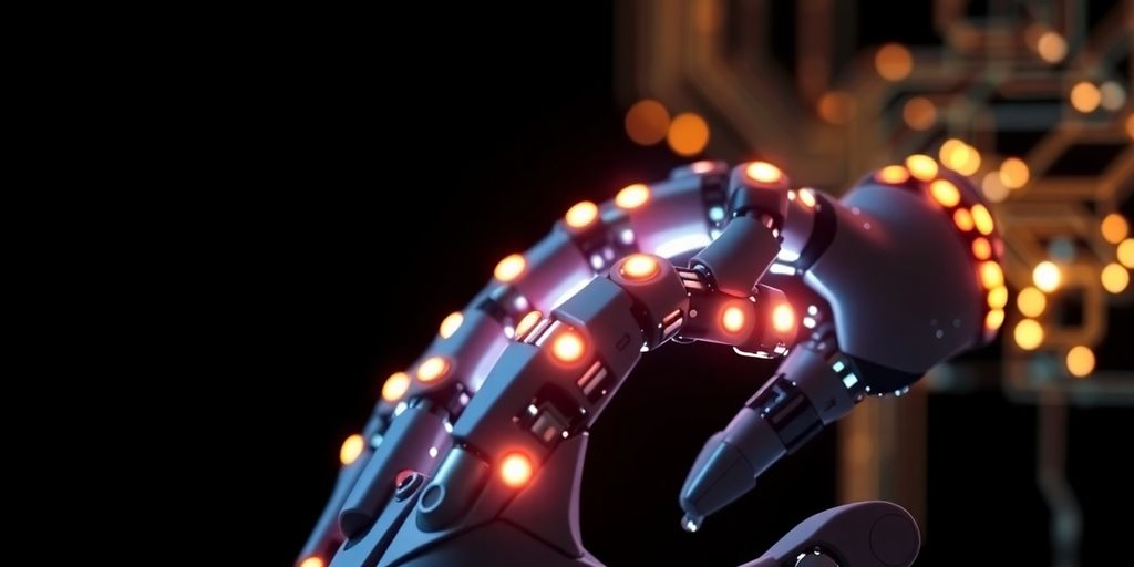 Futuristic robotic hand with glowing digital circuits.