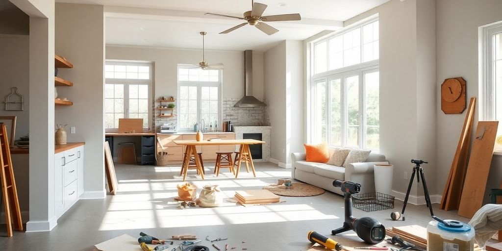 Home interior renovation with tools and fresh materials.