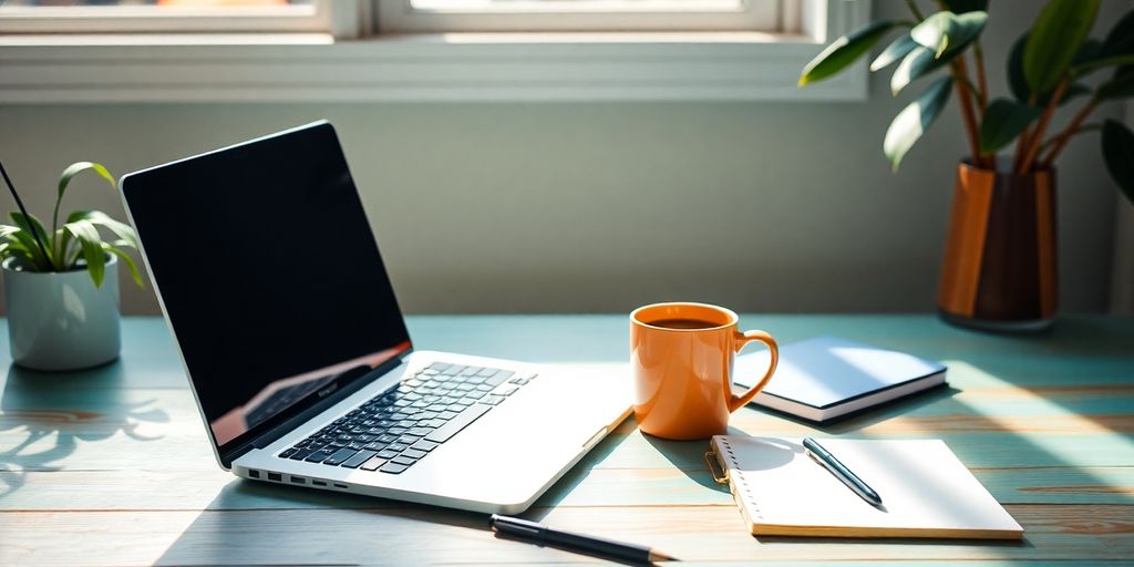 Workspace with laptop, notepad, and coffee cup.