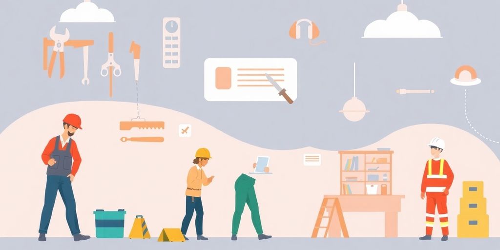 Illustrasjon av yrkesskader og sikkerhetsutstyr.