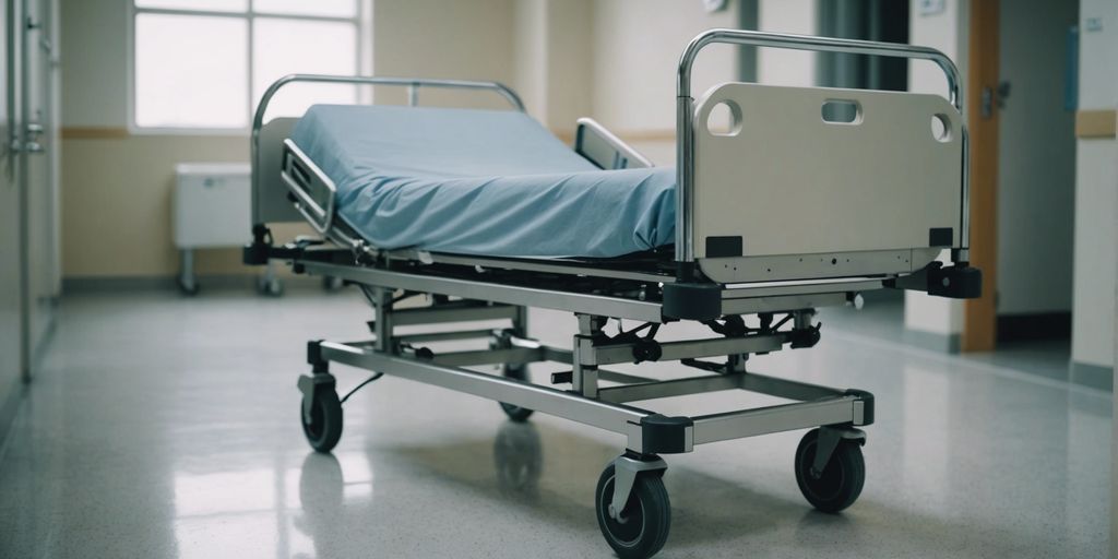 Hospital bed with wheels in a clean corridor, highlighting adjustable features for patient comfort and mobility.