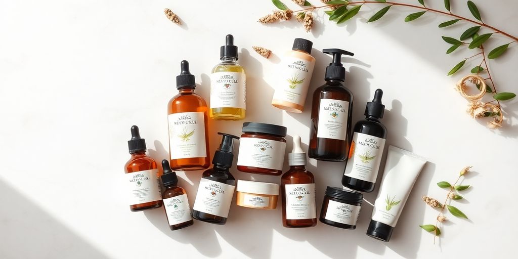 Affordable natural skincare products arranged on a light background.