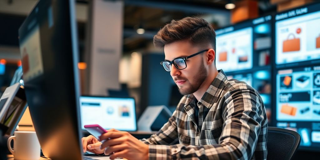 Person researching Amazon products using modern technology.
