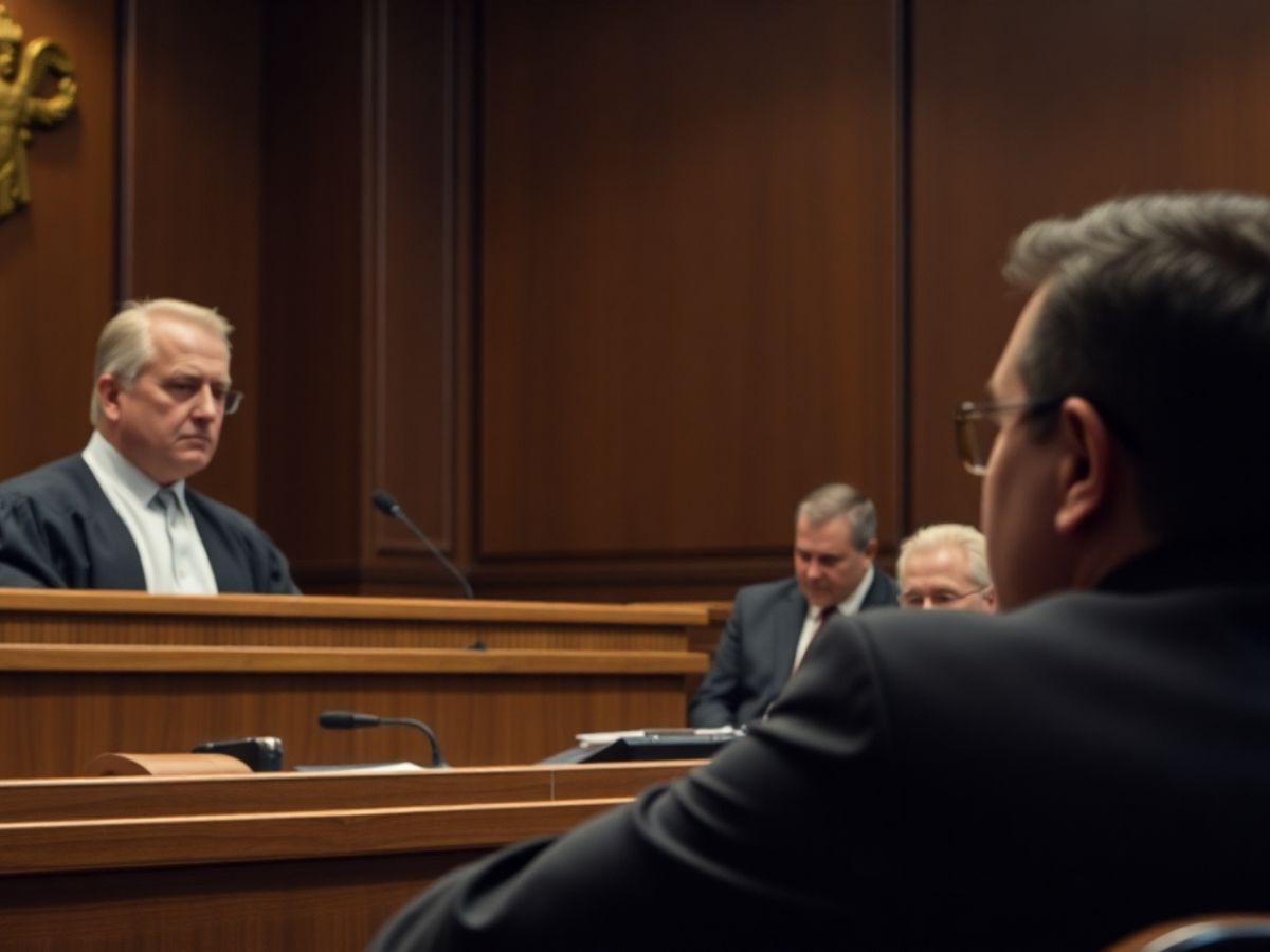 Scenă din sala de judecată cu judecător și avocați.