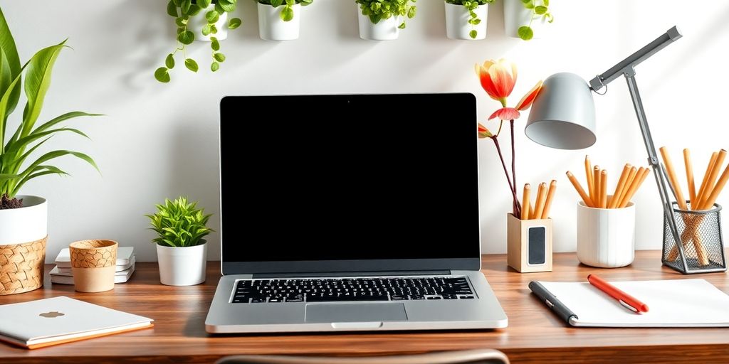 Modern workspace with laptop and vibrant plants.