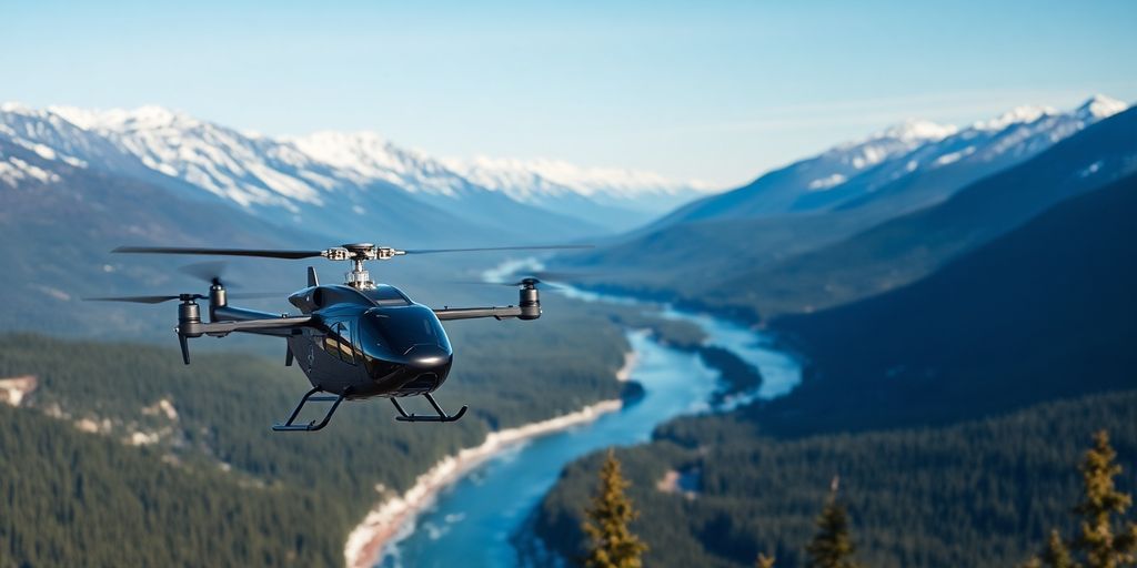 A drone and a helicopter fly over Alaskan mountains.