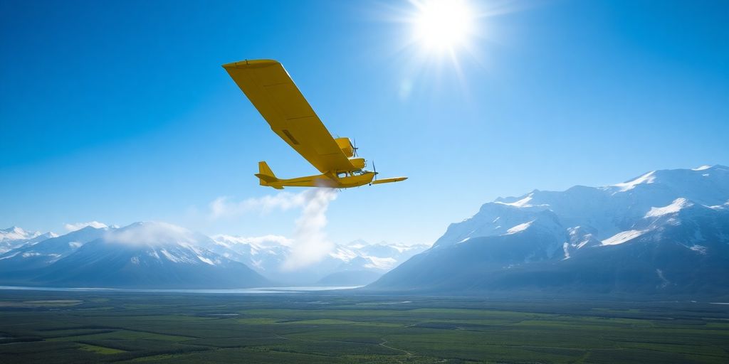An aerial application plane flies low over an Alaskan valley.