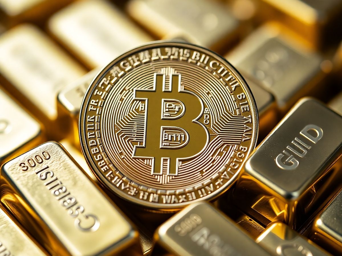 Bitcoin coin with gold bars, illustrating stock-to-flow concept.
