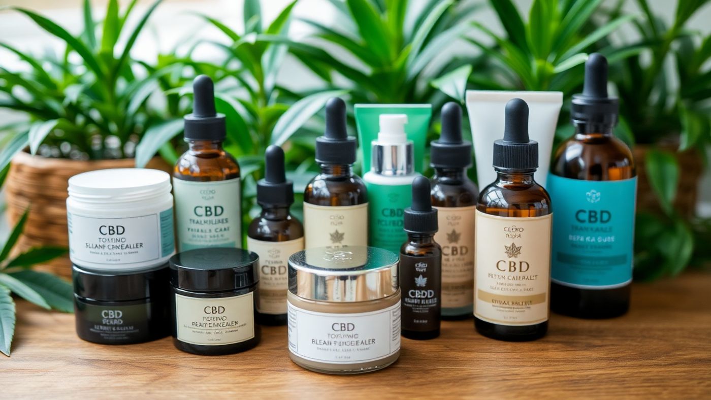 Assorted CBD topicals on a wooden surface with plants.