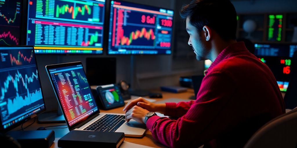 Person analyzing digital data for options trading.