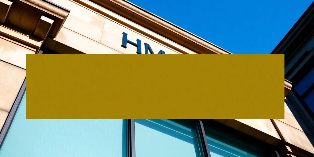 HMRC building exterior in the UK against a blue sky.