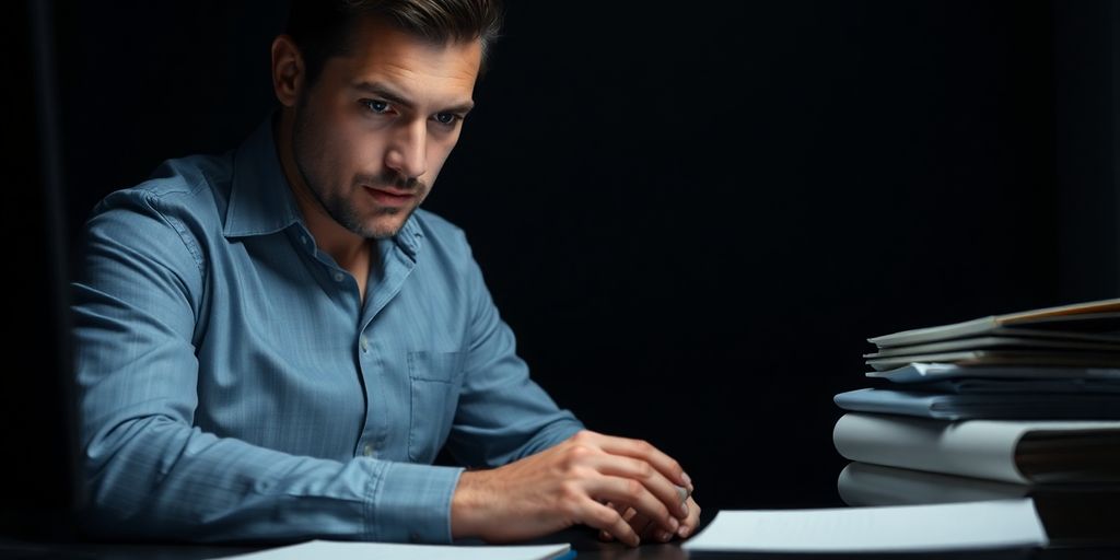 Private investigator analyzing digital data in a dim office.