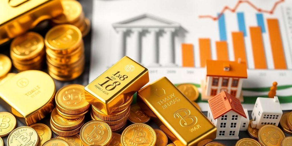 Piles de pièces d'or et barres d'or.