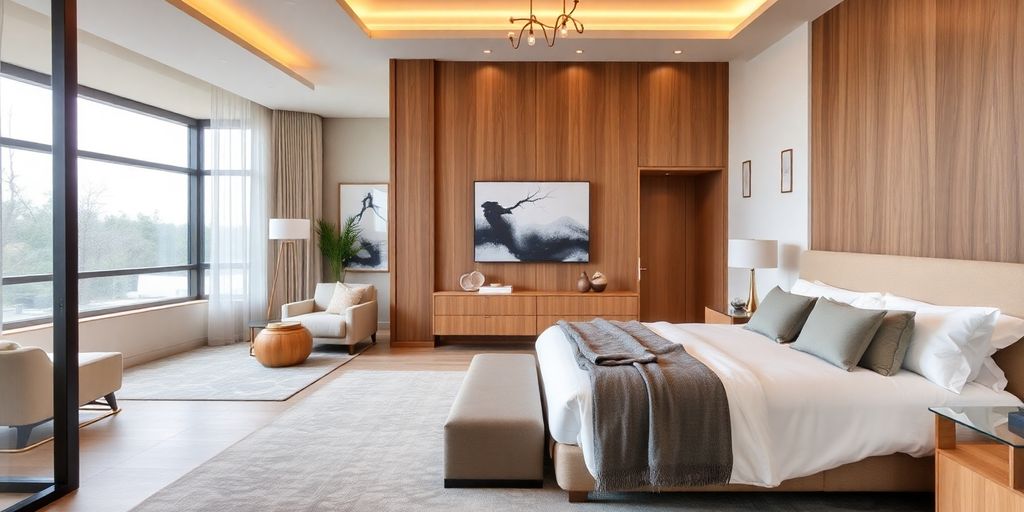 Luxurious modern primary suite with plush bedding and decor.