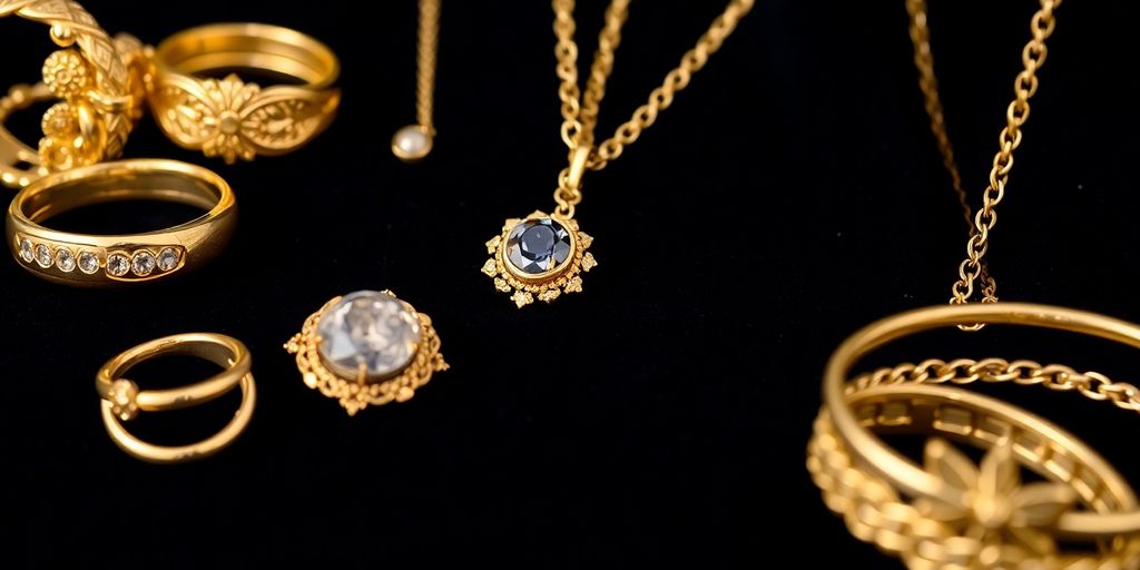 Collection de bijoux en or sur fond en velours.