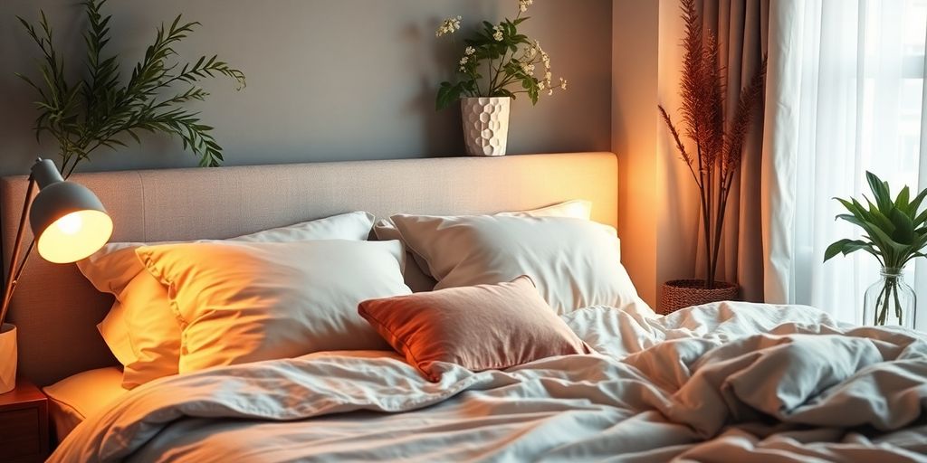 Chambre paisible avec un lit confortable et des plantes.