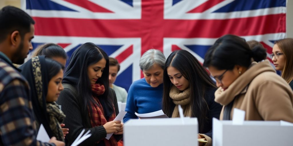 Group of diverse individuals voting at a polling station.