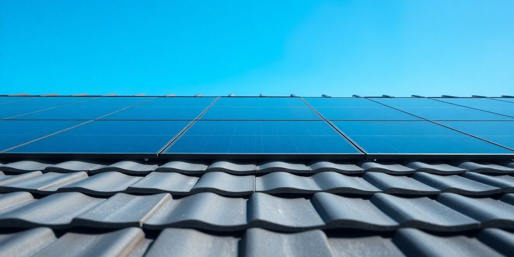 Panneaux solaires foncés sur toit moderne, toiture solaire