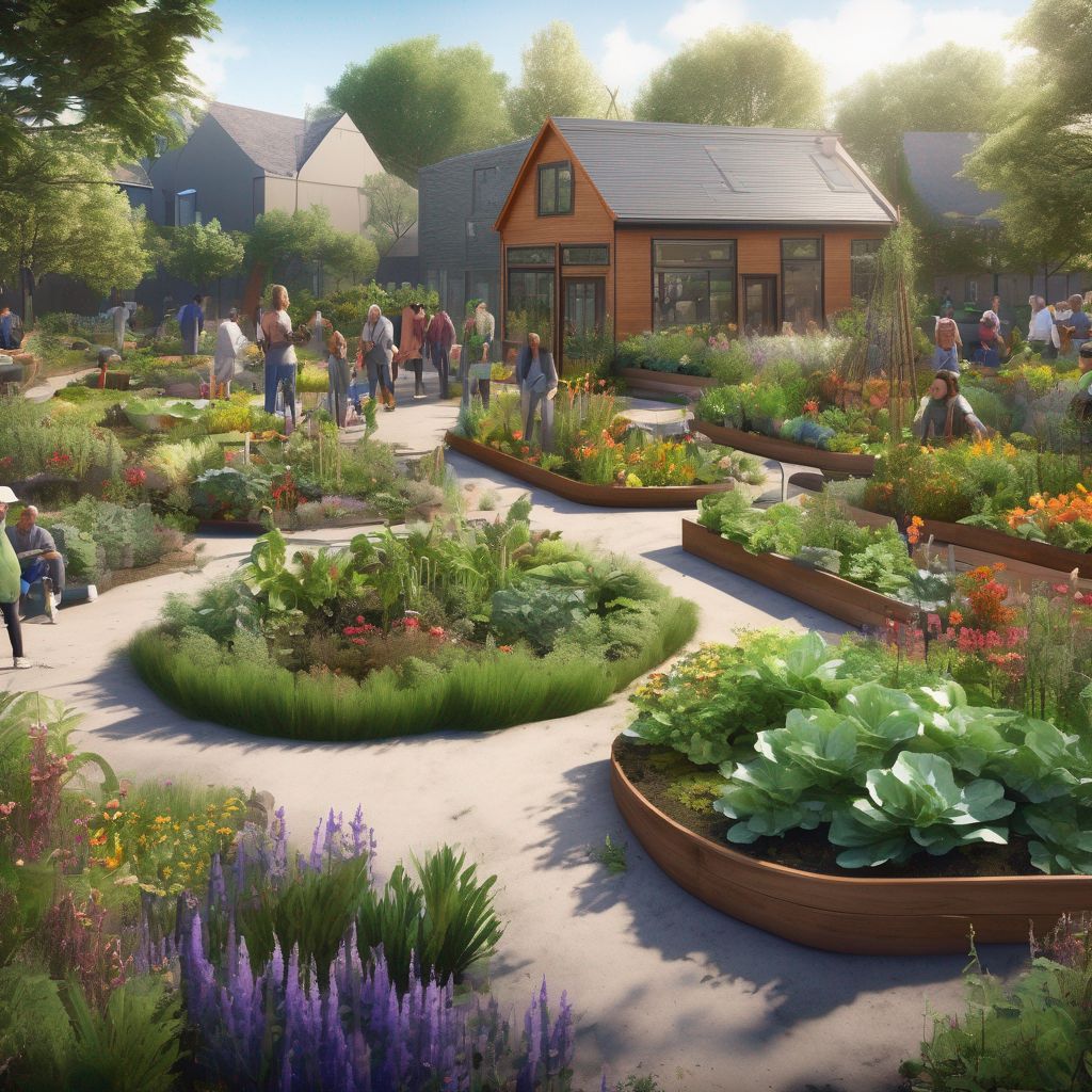 community garden design with diverse people interacting in a harmonious natural setting