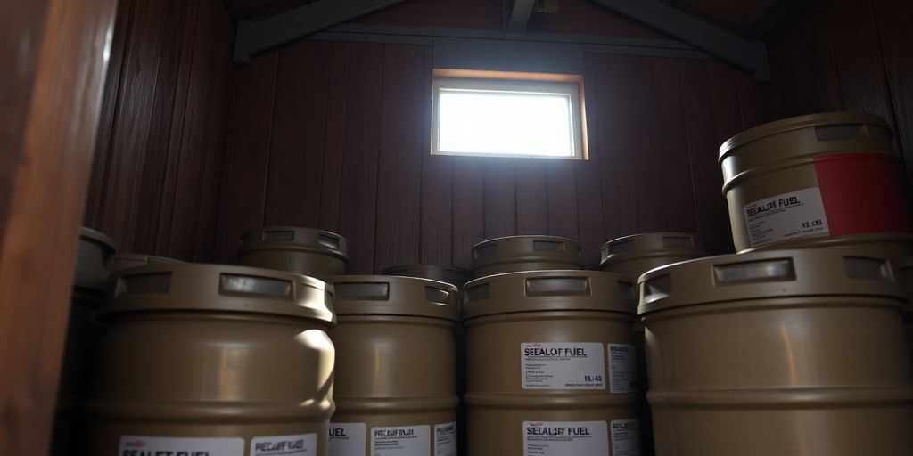 Fuel containers in secure, organized storage area.