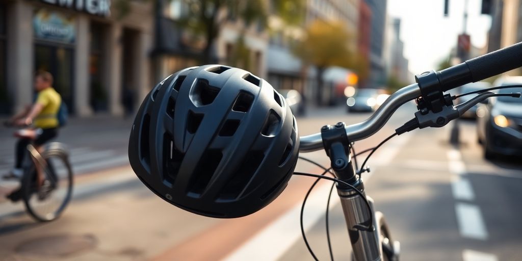 Bicycle with helmet on handlebars after an accident.