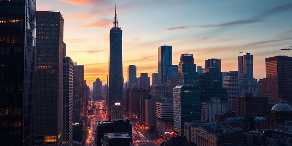 Dusk skyline of a bustling US city with skyscrapers.