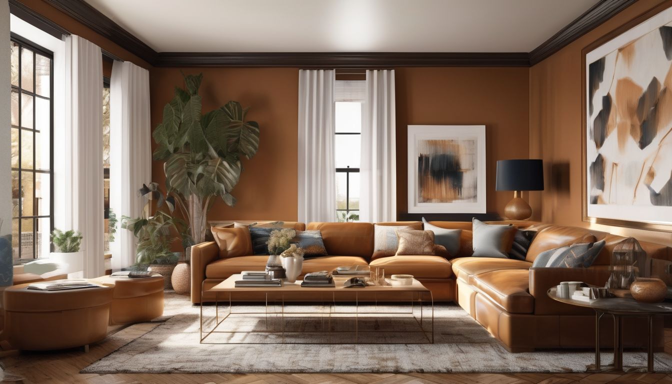 living room with warm caramel tones