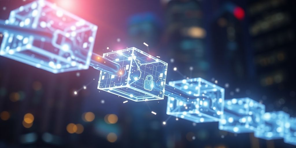 Glowing digital blocks connected securely, representing blockchain technology and its applications.