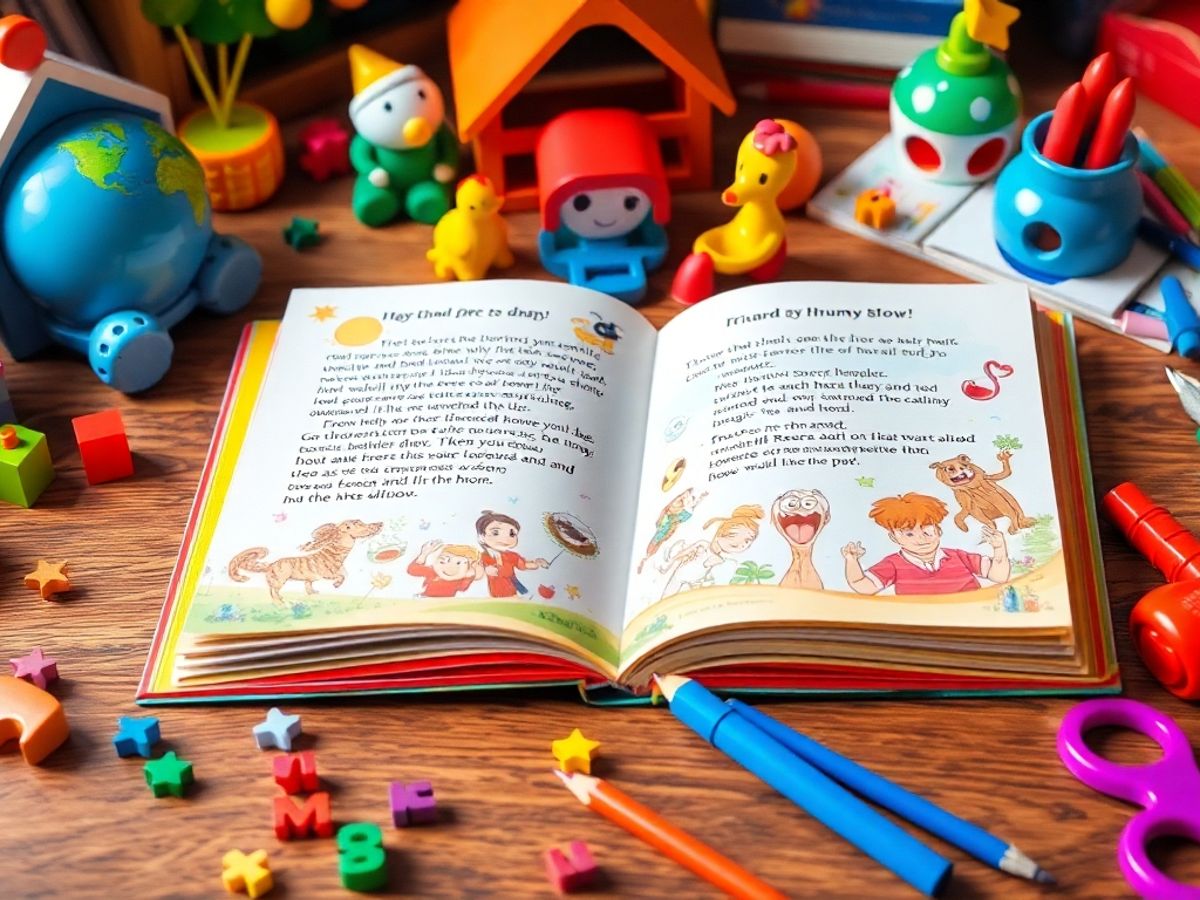 Carte pentru copii deschisă, jucării și materiale artistice.