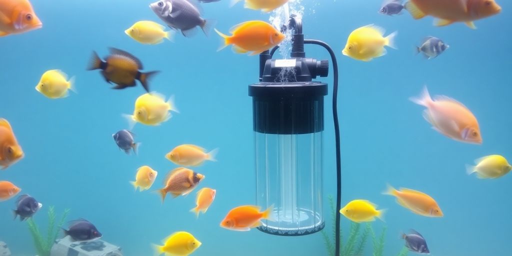 Aquarium na may mga isda at nakikitang sistema ng filter at pump.