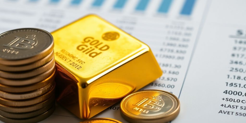 Lingot d'or et pièces de monnaie sur fond flou.