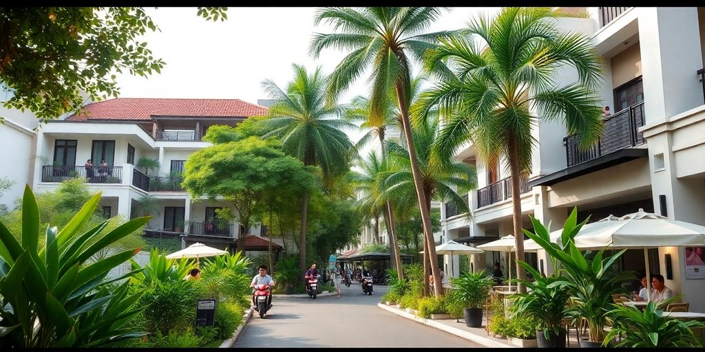 Vibrant Thao Dien area with lush greenery and cafes.
