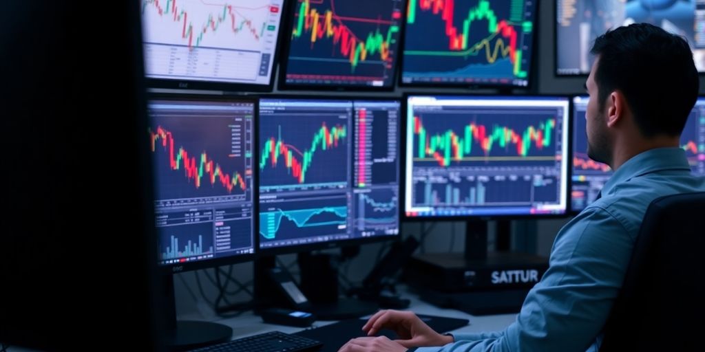 Modern trading setup with multiple monitors and tools.