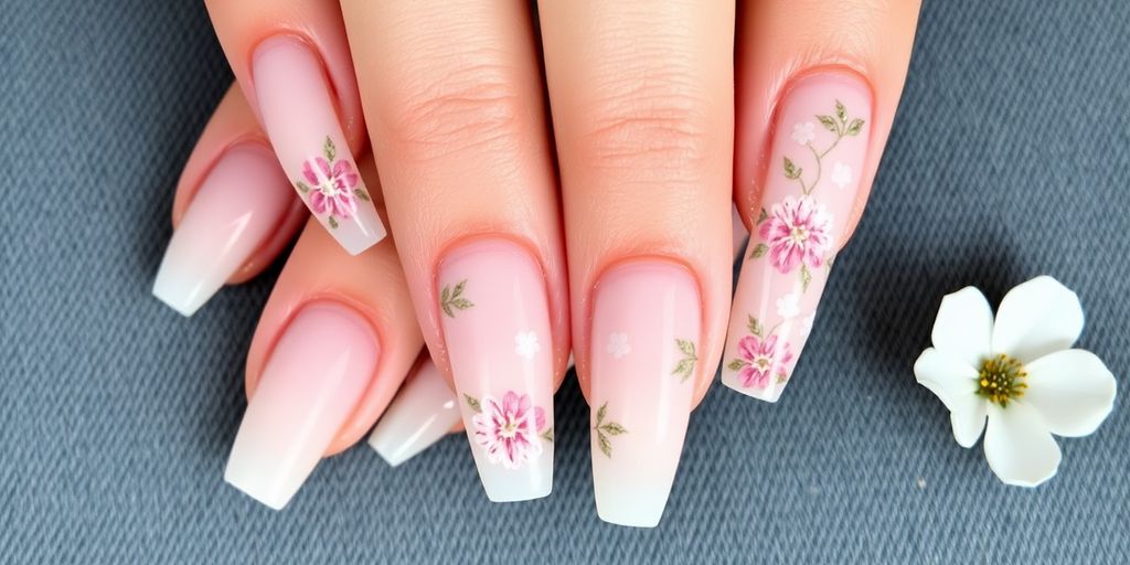 Unhas de gel delicadas com cores suaves e designs florais.