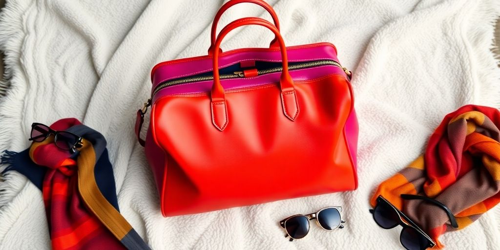Stylish weekender bag with travel essentials on a blanket.