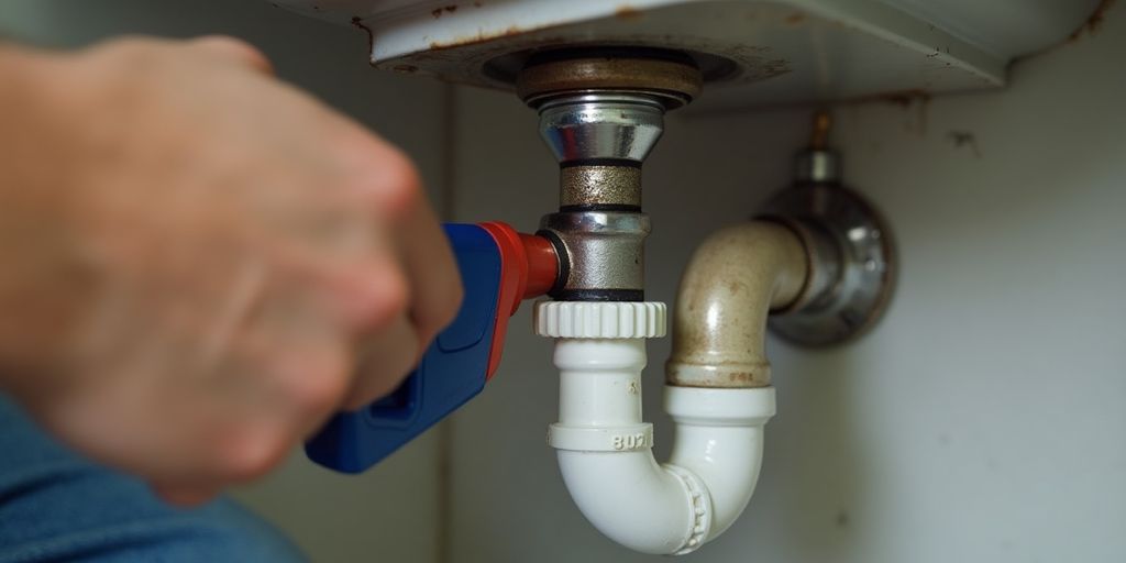 Homeowner fixing a leak under the kitchen sink.
