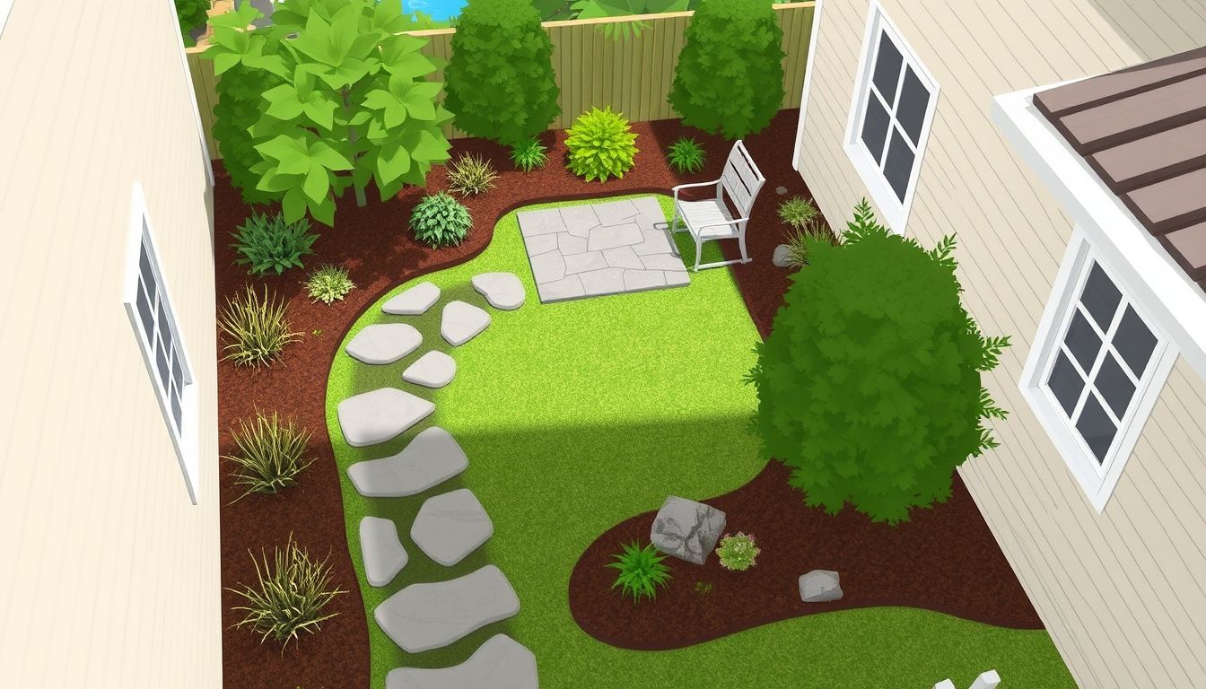 Serene garden with stone pathways and patio