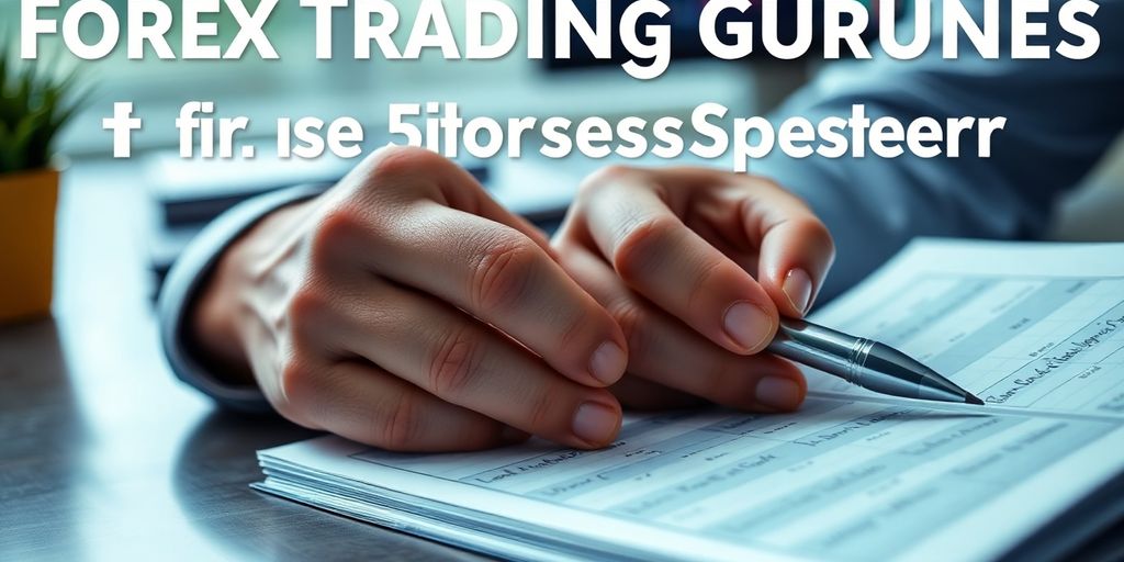 Trader reviewing a Forex trading journal with a pen.