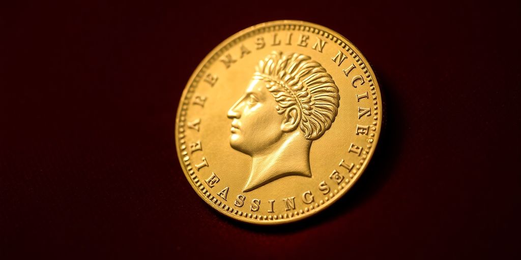 Une pièce en or de Napoléon sur fond de velours.
